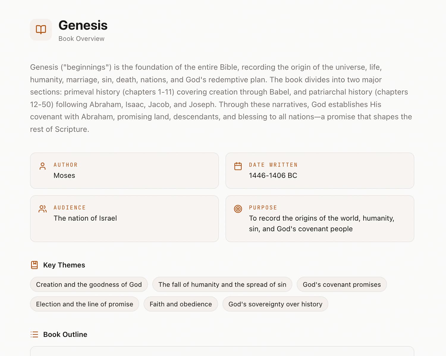 Rhema Bible app book overview with chapter summaries, outlines, and key verses